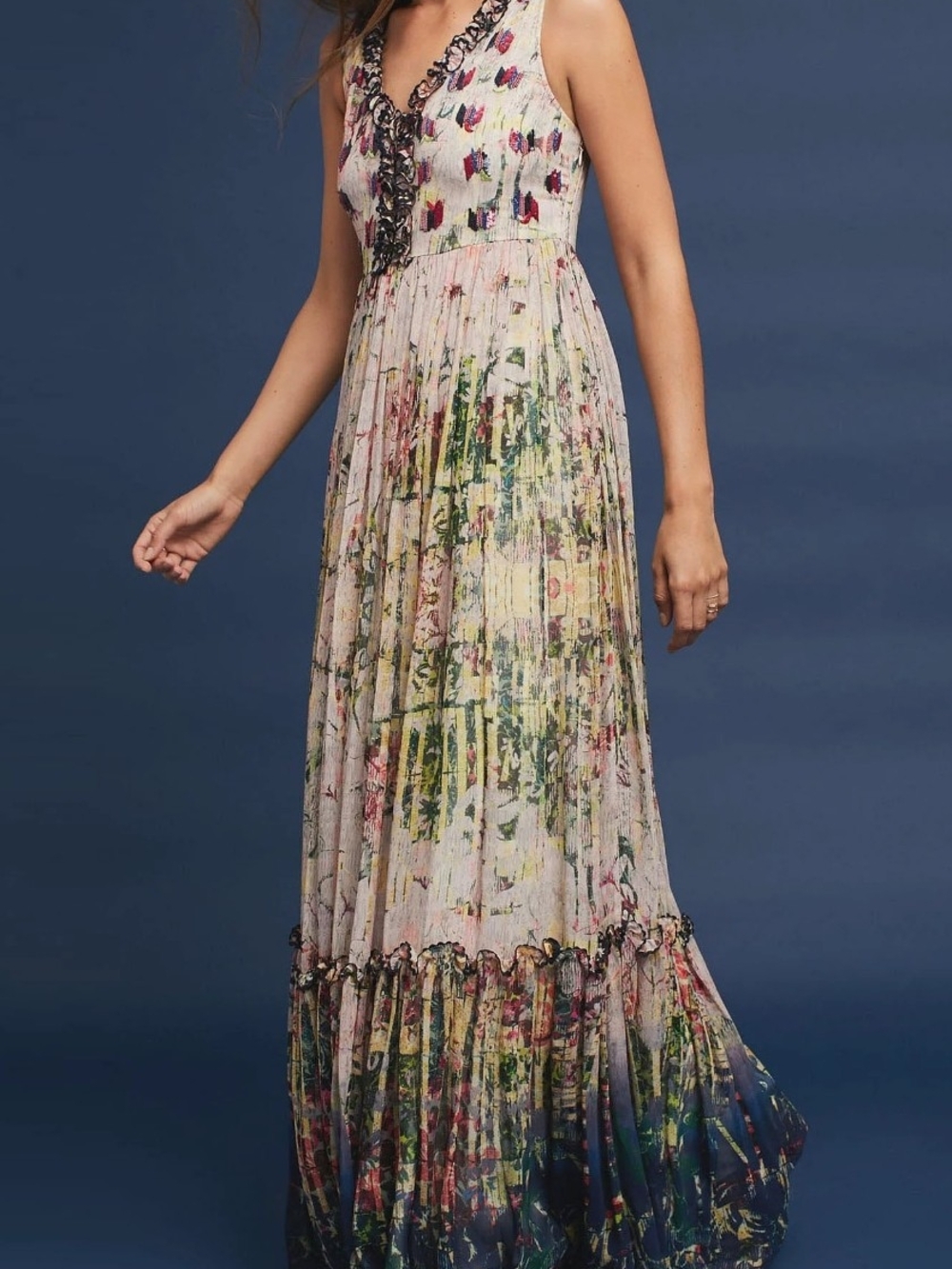 Anthropologie Bhanuni Floral Pleated Maxi Dress in Cream, Green, Blue